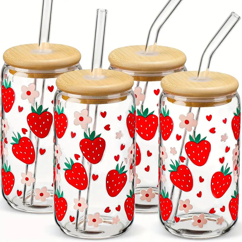 Summer Strawberry Glassware With Bamboo Lid And Straw And FREE Coaster!