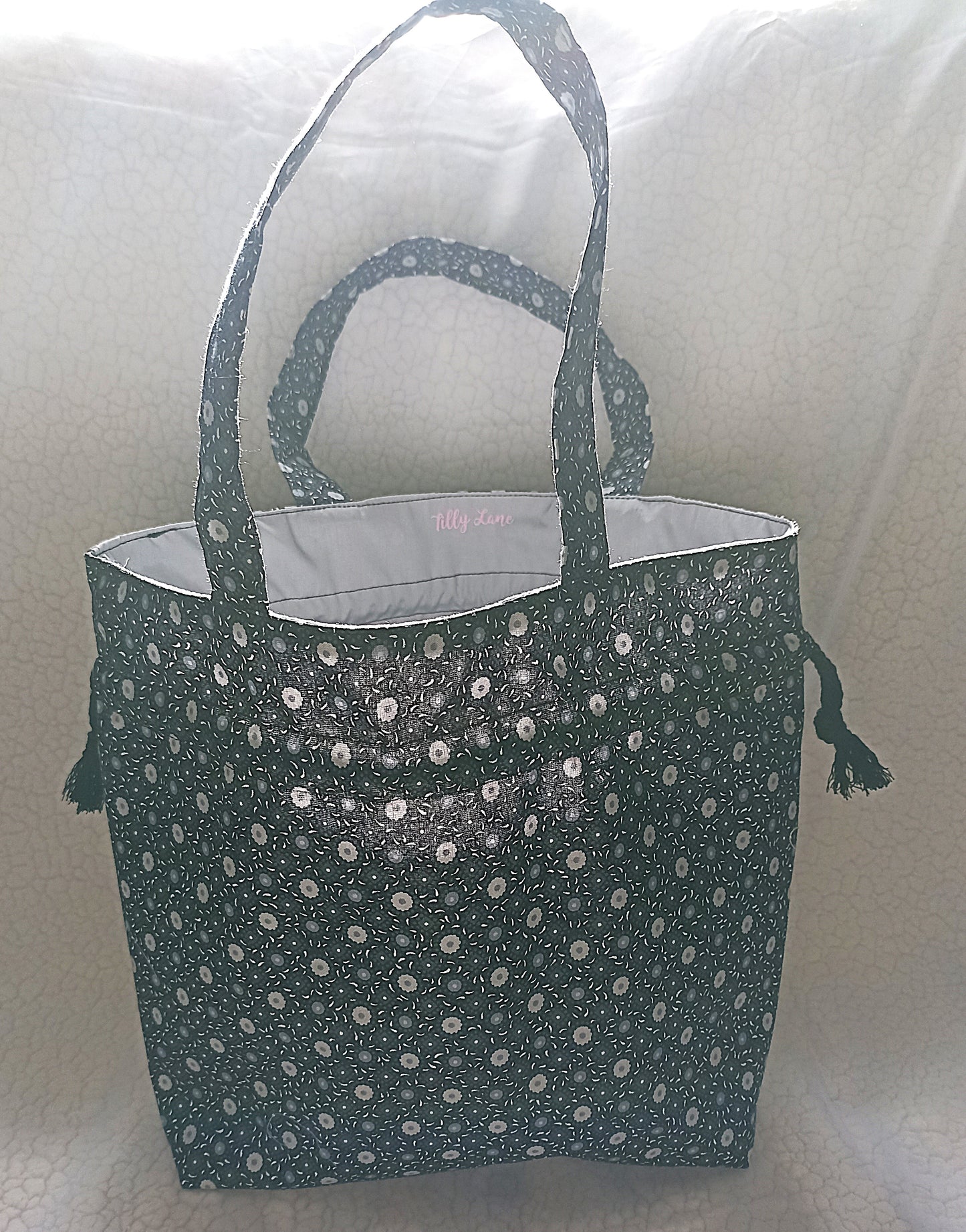 Black With Grey and White Flowers Drawstring Bag Unique Durable Gift For Her Sustainable Fashionable Fully Lined With Inside Pocket