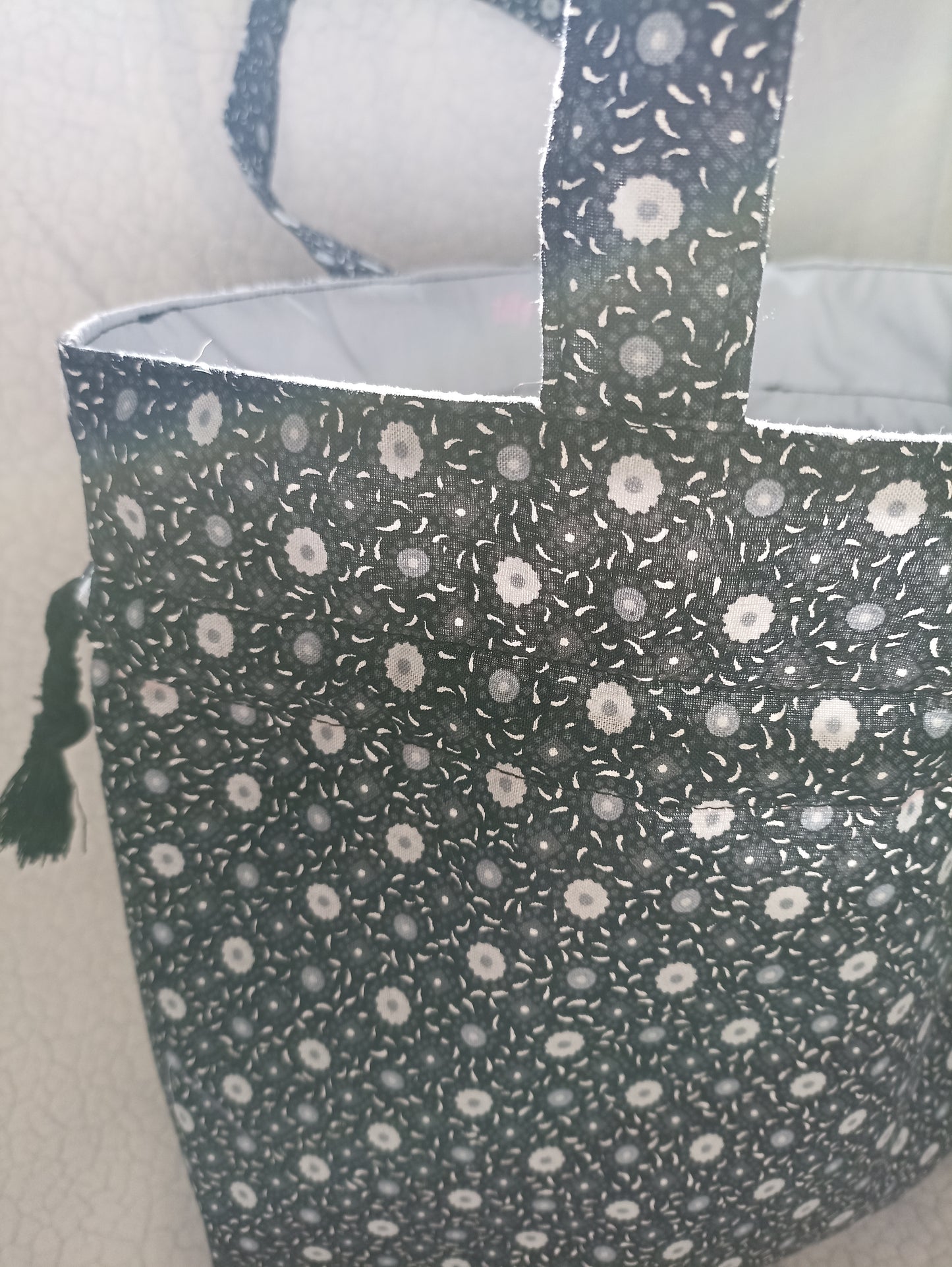 Black With Grey and White Flowers Drawstring Bag Unique Durable Gift For Her Sustainable Fashionable Fully Lined With Inside Pocket