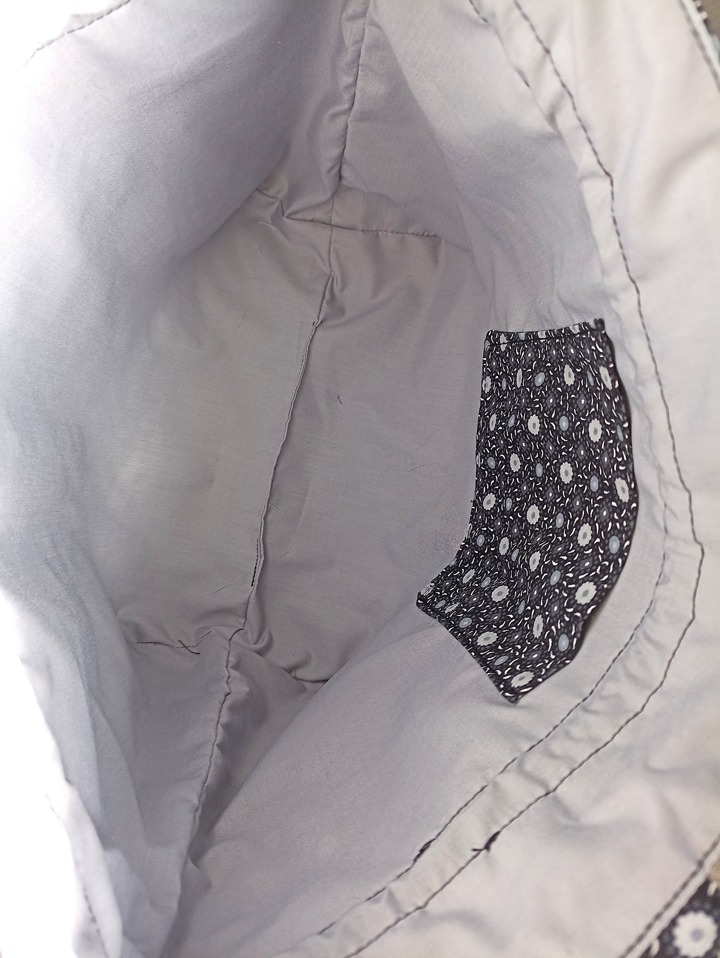 Black With Grey and White Flowers Drawstring Bag Unique Durable Gift For Her Sustainable Fashionable Fully Lined With Inside Pocket