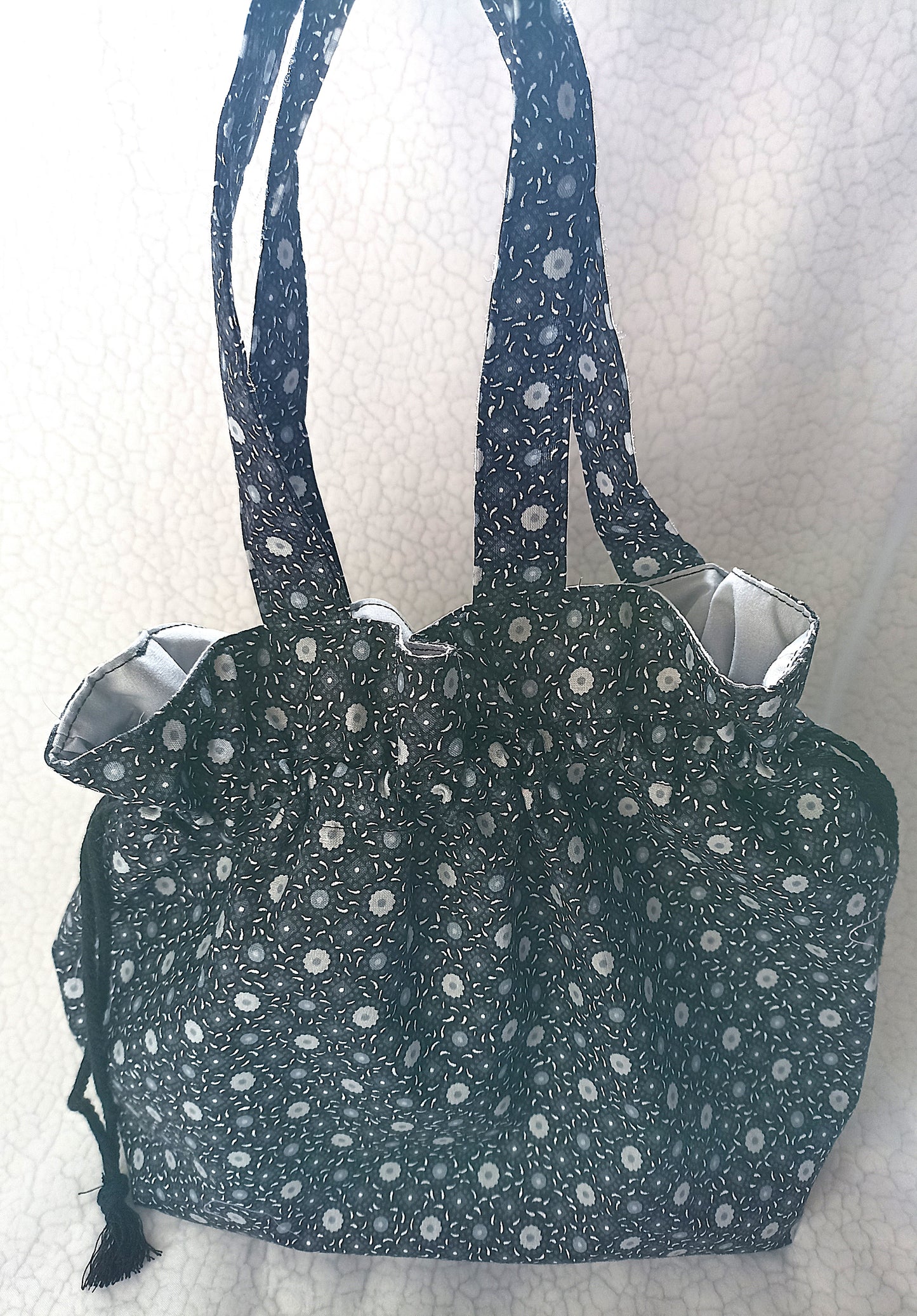 Black With Grey and White Flowers Drawstring Bag Unique Durable Gift For Her Sustainable Fashionable Fully Lined With Inside Pocket