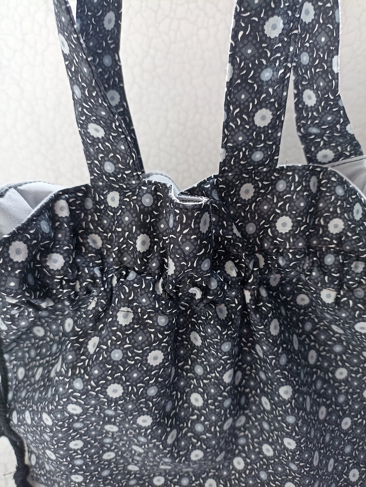 Black With Grey and White Flowers Drawstring Bag Unique Durable Gift For Her Sustainable Fashionable Fully Lined With Inside Pocket