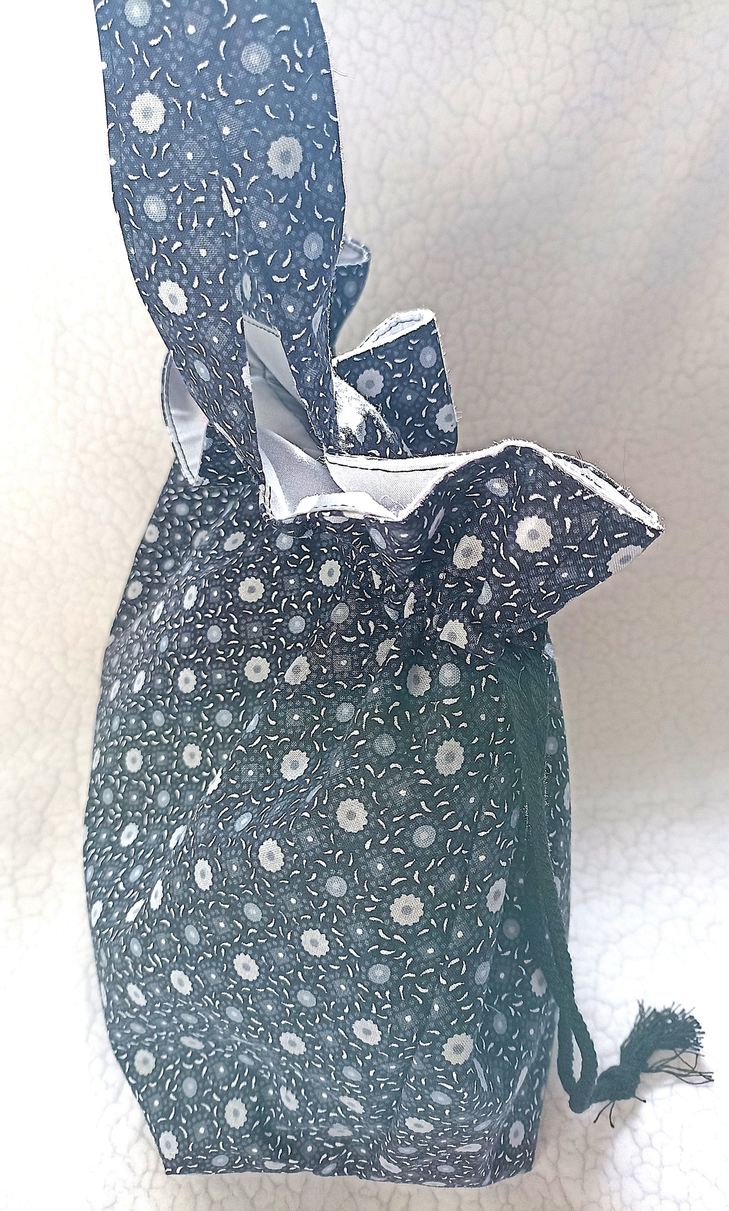 Black With Grey and White Flowers Drawstring Bag Unique Durable Gift For Her Sustainable Fashionable Fully Lined With Inside Pocket