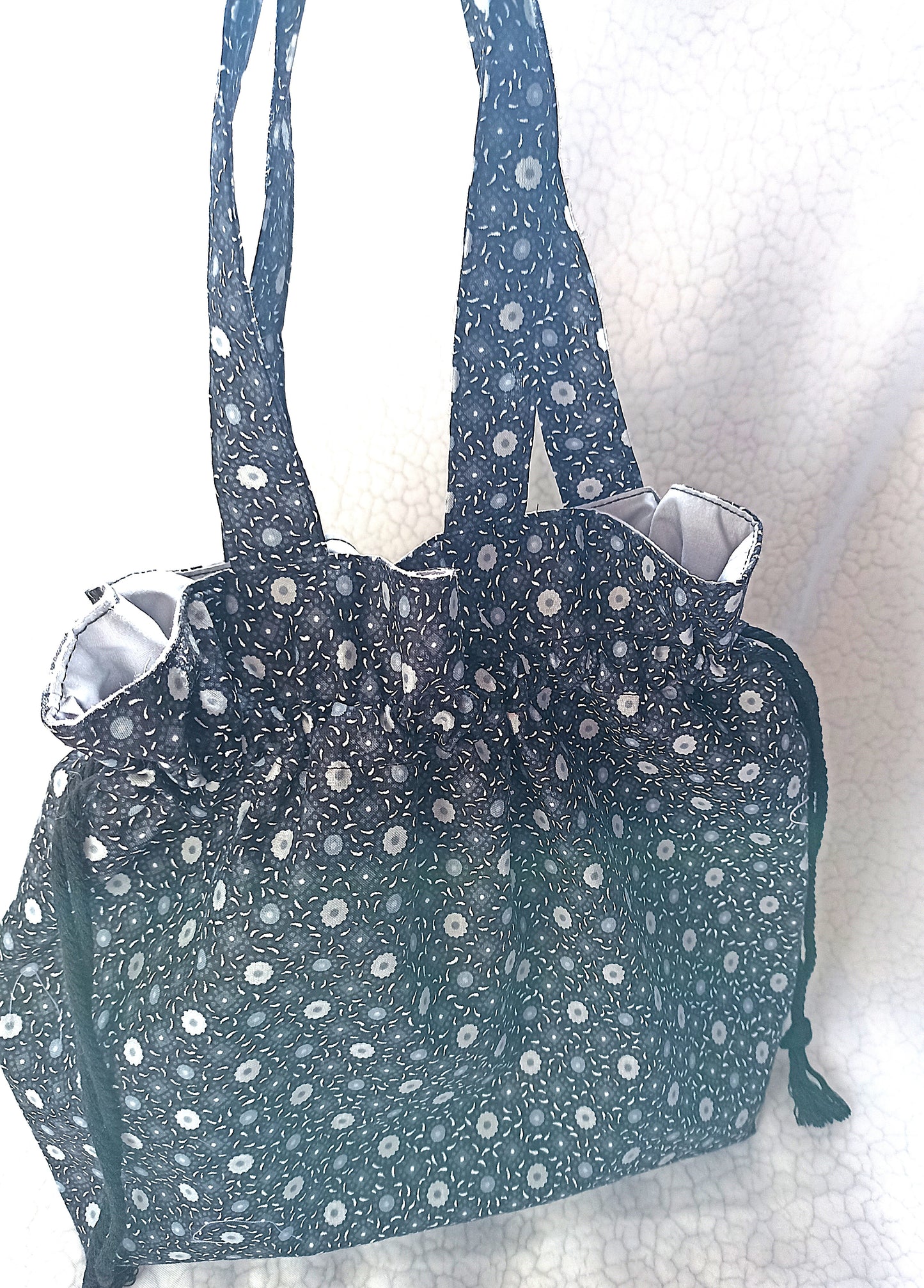 Black With Grey and White Flowers Drawstring Bag Unique Durable Gift For Her Sustainable Fashionable Fully Lined With Inside Pocket