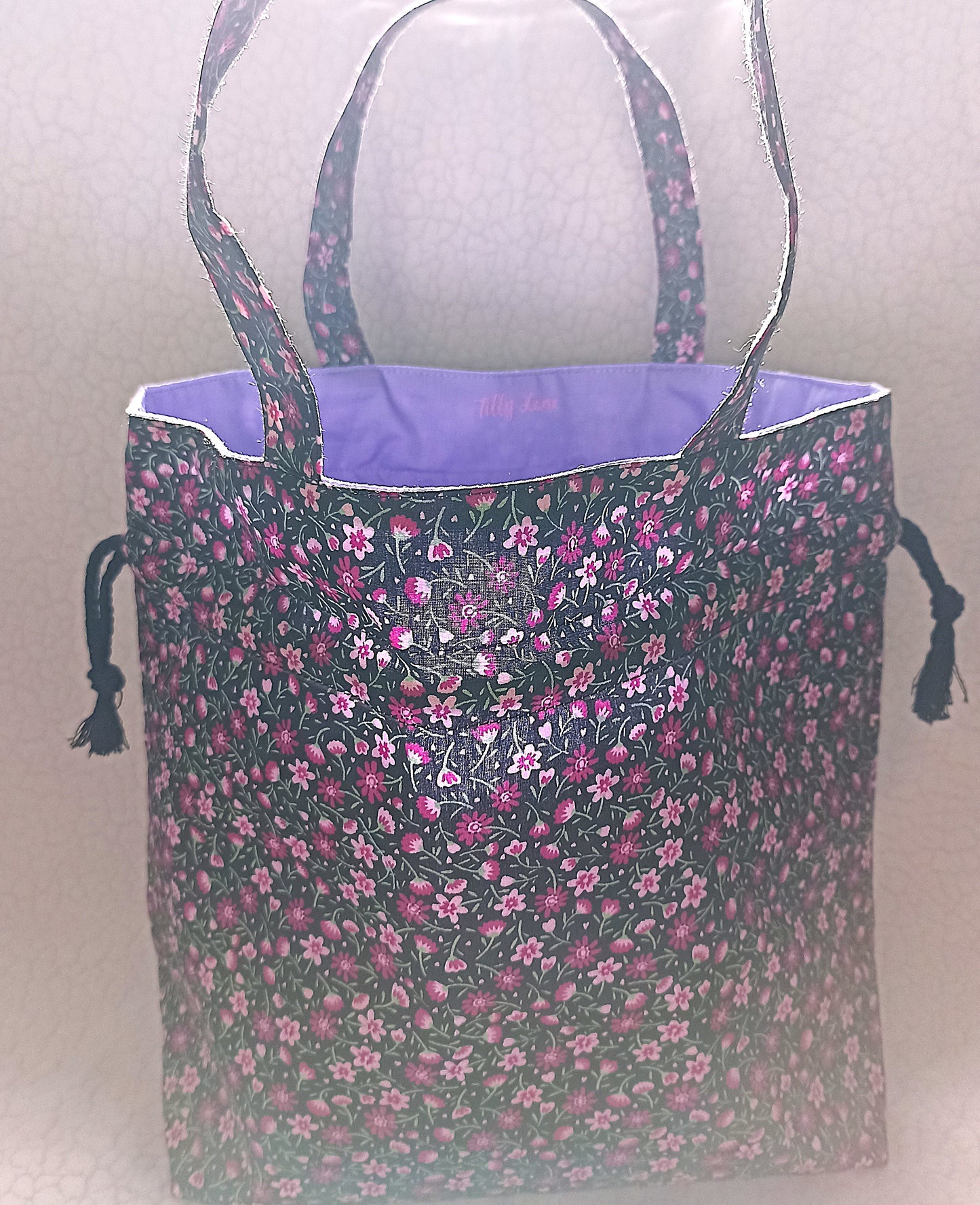 Black With Dainty Pink Purple Flowers Drawstring Bag Unique Durable Gift For Her Sustainable Fashionable Fully Lined With Inside Pocket