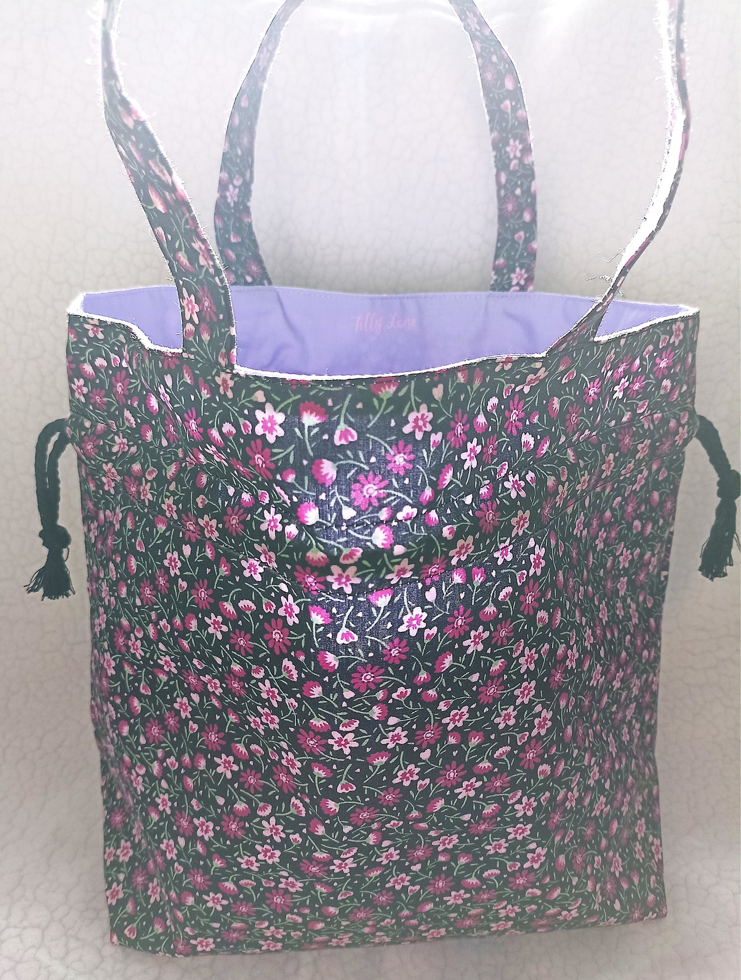 Black With Dainty Pink Purple Flowers Drawstring Bag Unique Durable Gift For Her Sustainable Fashionable Fully Lined With Inside Pocket