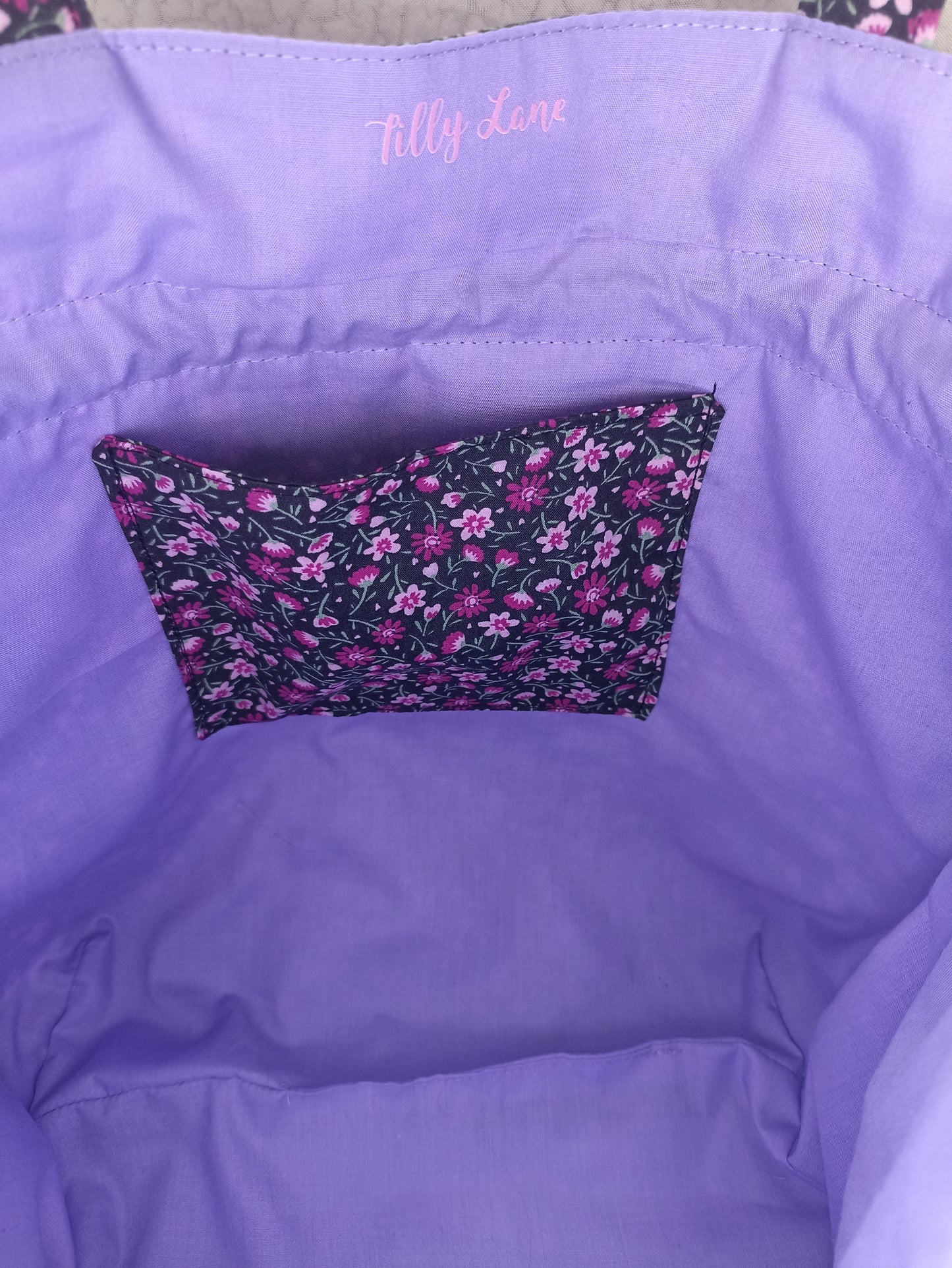 Black With Dainty Pink Purple Flowers Drawstring Bag Unique Durable Gift For Her Sustainable Fashionable Fully Lined With Inside Pocket