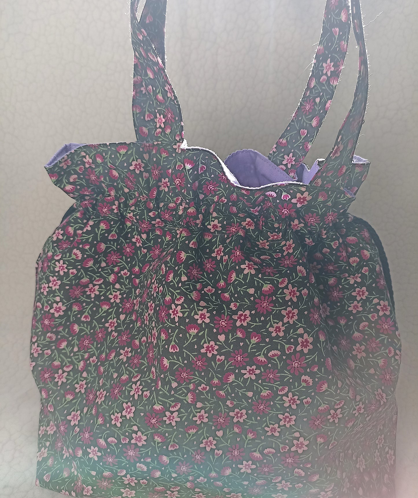 Black With Dainty Pink Purple Flowers Drawstring Bag Unique Durable Gift For Her Sustainable Fashionable Fully Lined With Inside Pocket