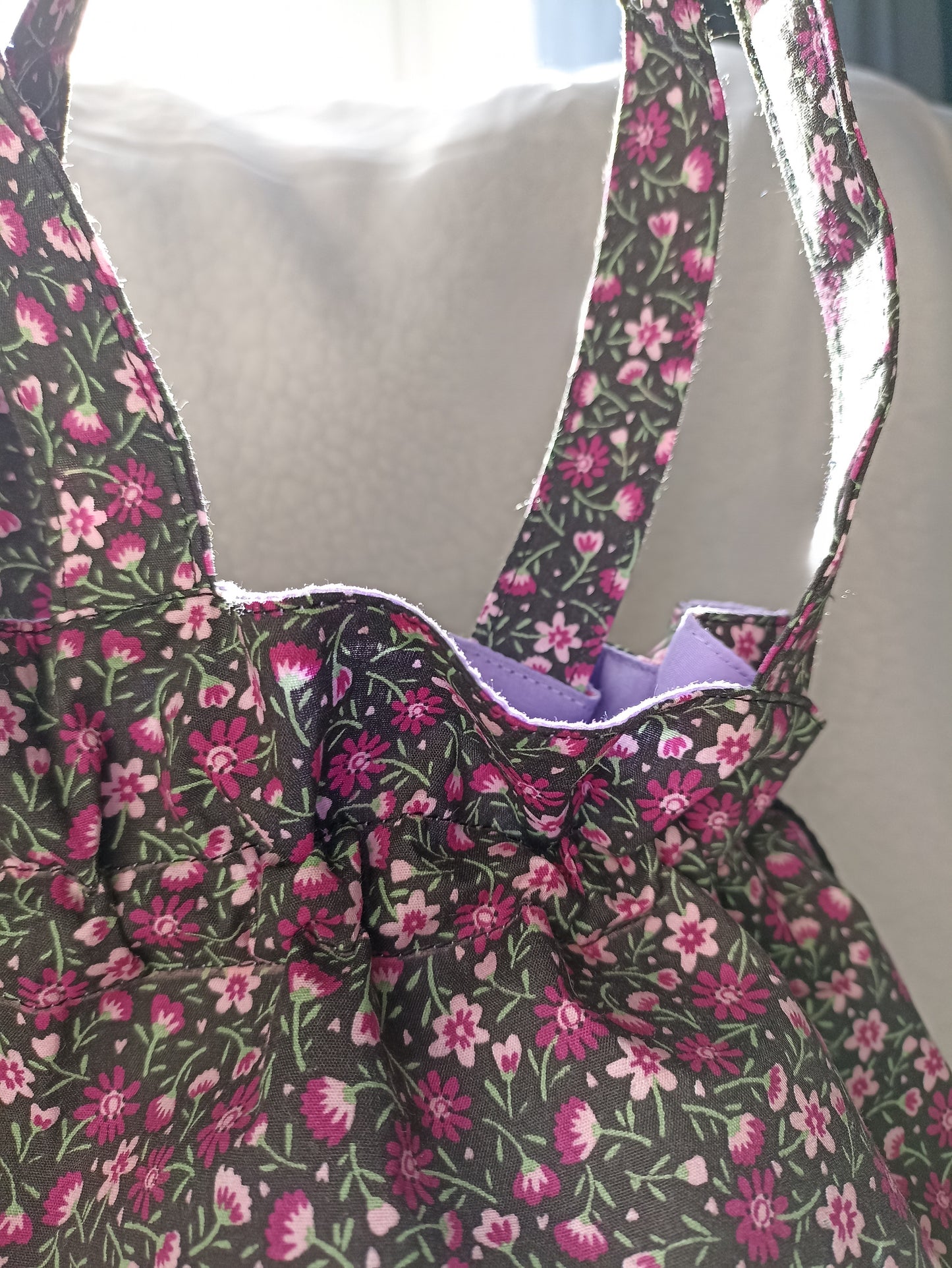 Black With Dainty Pink Purple Flowers Drawstring Bag Unique Durable Gift For Her Sustainable Fashionable Fully Lined With Inside Pocket
