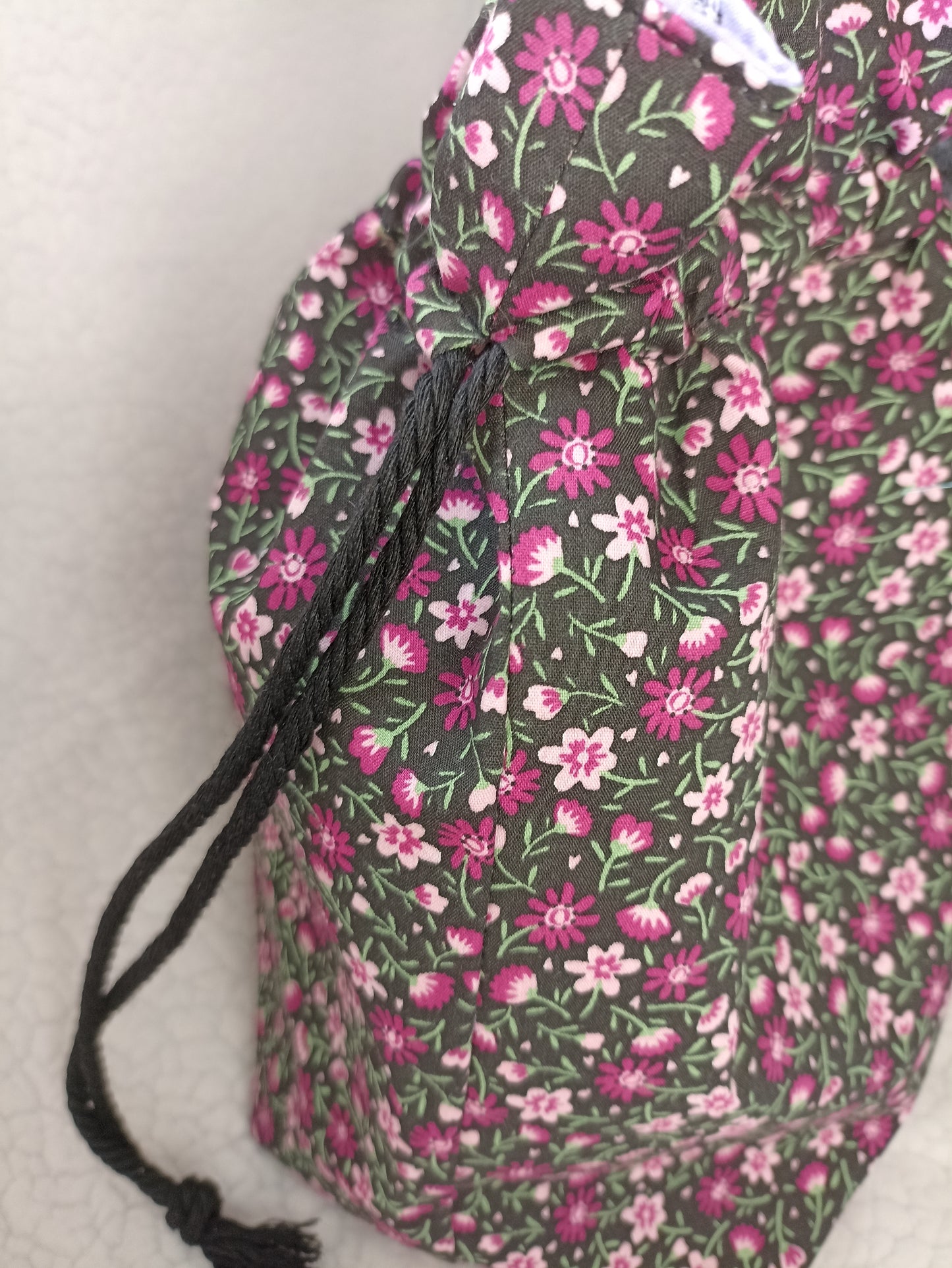 Black With Dainty Pink Purple Flowers Drawstring Bag Unique Durable Gift For Her Sustainable Fashionable Fully Lined With Inside Pocket