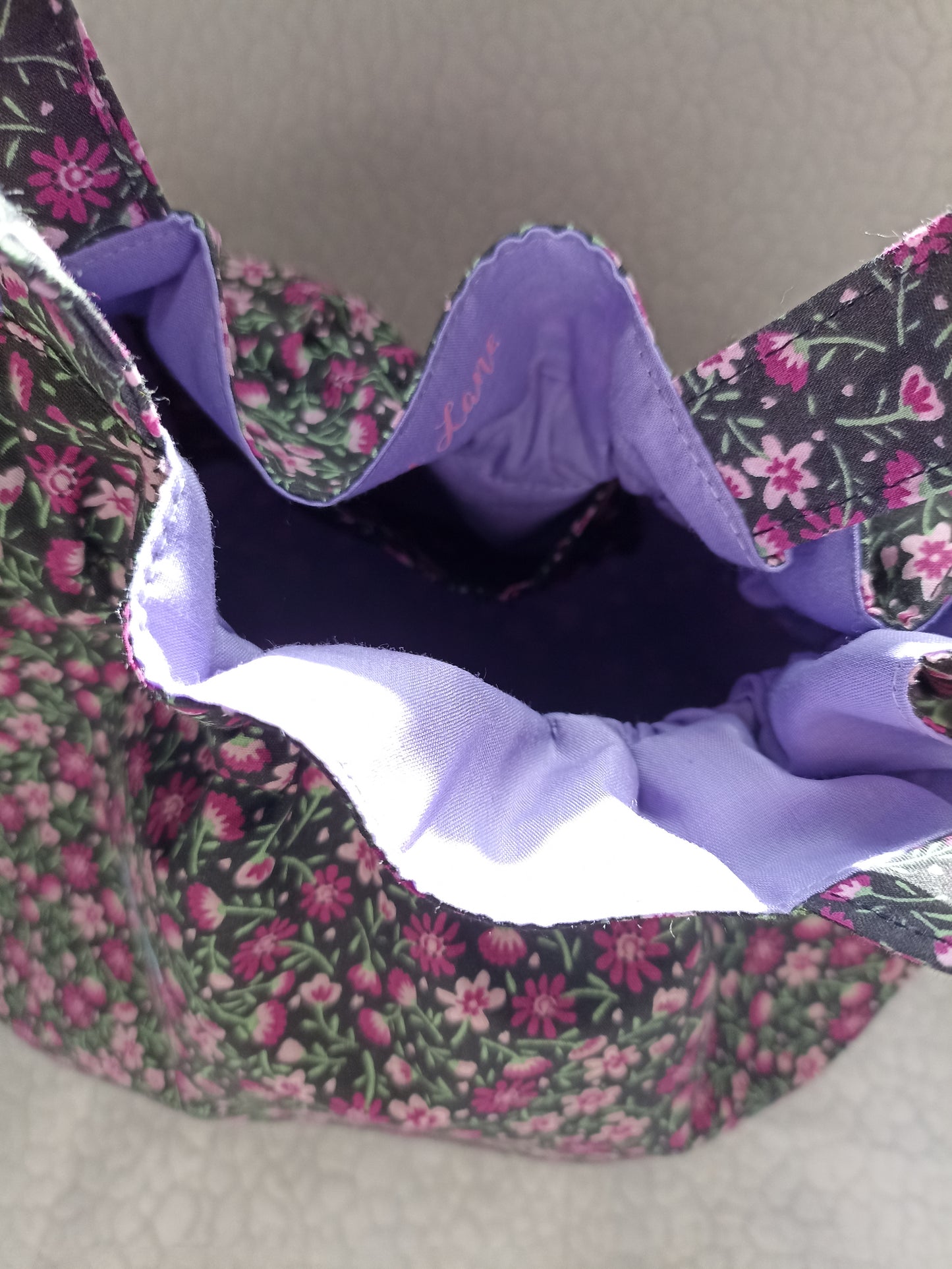 Black With Dainty Pink Purple Flowers Drawstring Bag Unique Durable Gift For Her Sustainable Fashionable Fully Lined With Inside Pocket