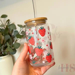 Summer Strawberry Glassware With Bamboo Lid And Straw And FREE Coaster!