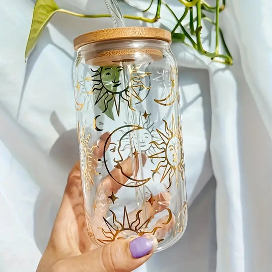 Moon And Stars Glassware With Bamboo Lid And Straw And FREE Coaster!