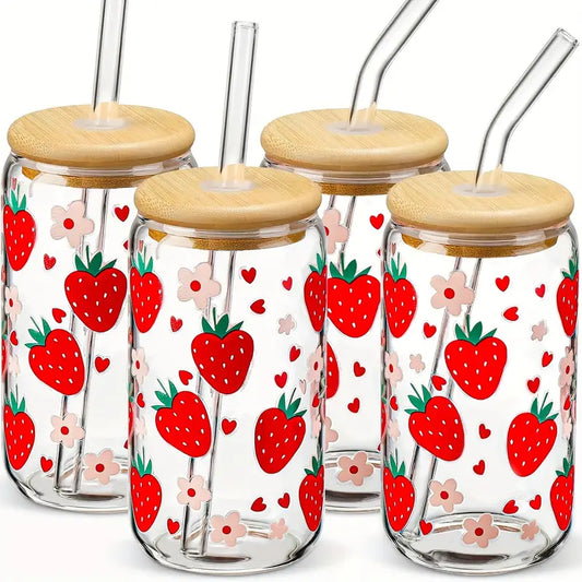 Summer Strawberry Glassware With Bamboo Lid And Straw And FREE Coaster!