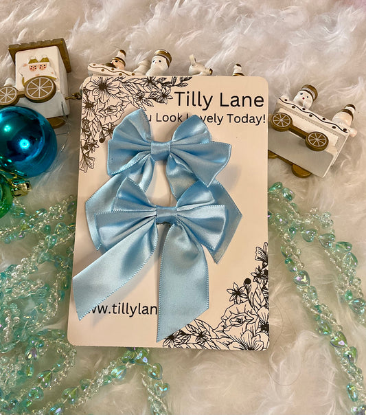Baby Blue Satin Ribbon Pack Of Two Bow Hair Clips